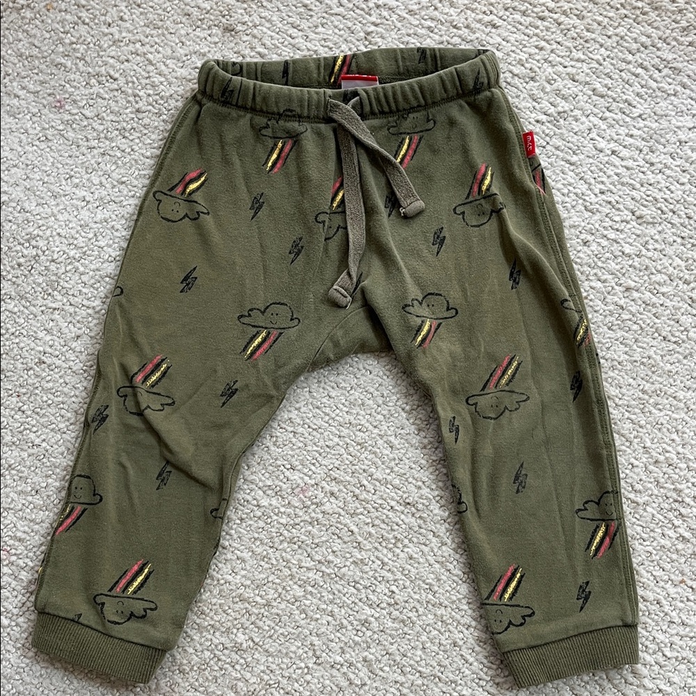 Olive Green Kids Sweatpants with Cloud Print